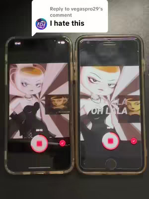 The image presents two smartphones side-by-side, each displaying a cartoon of a character with a teacup-shaped head. The characters have dark eyes and are situated against a repeating starburst pattern. On the left phone, the character is set over a black shadow where the background is a mix of light and dark tones. The character on the right displays the text "OH LALA", with a light to medium tone over all its background. At the top of the image a text bubble reads "I hate this"