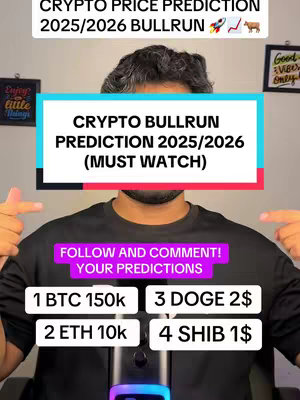 A man points to on-screen predictions for cryptocurrency prices. The image has a light color scheme, a black background, and text overlay.