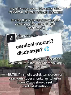 The cover image features a person standing in front of a cityscape. Overlayed is a large white rectangle with text asking "cervical mucus? discharge?" alongside water droplet icons. The creator is shown with a blurred background. The overall composition is bright and informative, overlaying text with the creator's appearance.