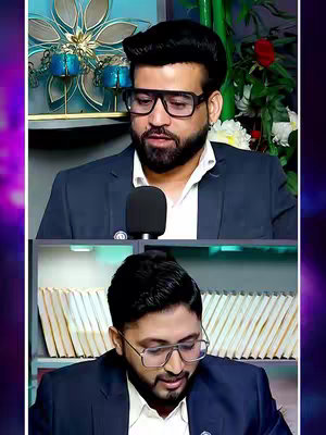 A split-screen image features a man in a suit at the top, holding a microphone, and another man in a similar suit at the bottom looking down, with books behind them. The background is a mix of purple and gold, with decorative elements.