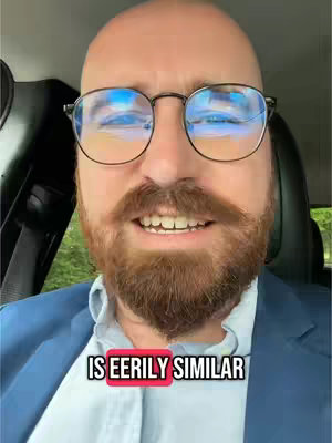 A close-up shot of a man wearing glasses, with a red box overlay containing the text "IS EERILY SIMILAR." He has a beard and is smiling. The background is blurred, suggesting he might be in a car.