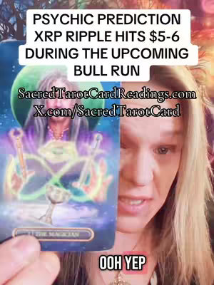 The cover image features a woman holding a tarot card with a colorful image of an angel-like figure, overlaid with text about psychic predictions for XRP Ripple, with the creator partially visible in the foreground, speaking while holding the card. The background includes a blurred image of a winter scene, and the woman's expression conveys analysis or emphasis.