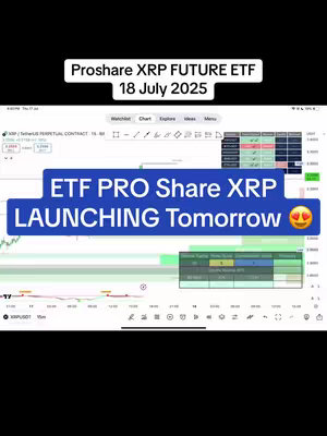 The image is a vertical screenshot of a mobile screen displaying a financial chart overlaid with text elements. At the top, against a black background, are text overlays indicating 'Proshare XRP FUTURE ETF' and '18 July 2025.' Beneath this, an interface with multiple tabs, including 'Watchlist,' 'Chart,' and  'Explore,' is visible. A large rectangular blue banner across the center reads 'ETF PRO Share XRP LAUNCHING Tomorrow !', with a heart-eyes emoji adjacent. The background shows a line graph, chart details, and data points related to a cryptocurrency, with a small data table.