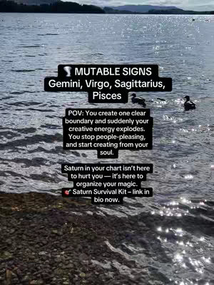 A tranquil landscape featuring calm water and a distant shoreline, under a bright sky. Overlaid are rectangular text boxes presenting astrological information and advice, with additional text at the bottom, including a call to action.