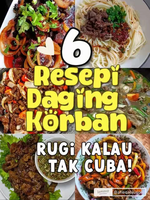 A collage-style image divided into six sections, each featuring a different cooked dish. The top left shows a dish of dark meat with onions and cilantro. Next to it is a plate of noodles with shredded meat and red chili flakes. The middle row has a dish with red pepper, onions, and meat and a small pot of stew. The bottom shows a plate of dark meat with green sauce. On the bottom right is a plate of meat and vegetables. The image is overlaid with text in yellow font.