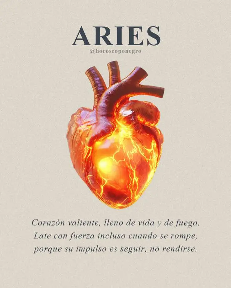 The cover image is a stylized graphic. It features a three-dimensional, glowing heart, predominantly in fiery orange and red hues. The heart appears to be pulsating with light and energy, set against a light beige background. At the top, the word 'ARIES' is written in a bold, dark gray font, with the username '@horoscoponegro' underneath in a smaller font. The overall composition is centered, with the heart taking up the majority of the space, and the text above it.
