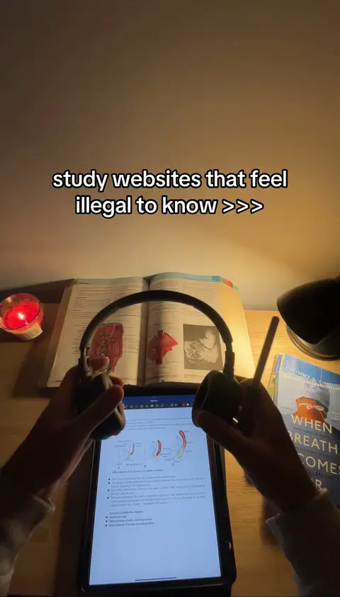 The cover image shows a person's hands holding headphones, a tablet displaying notes, and books on a desk. There is a candle and soft lighting. The text overlay says "study websites that feel illegal to know >>>"