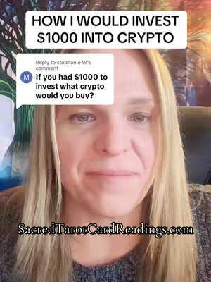 The cover image features a woman with long blonde hair, looking directly at the camera. Above her head is a text overlay that states, "HOW I WOULD INVEST $1000 INTO CRYPTO". To the left is a comment box, and the background is blurred.