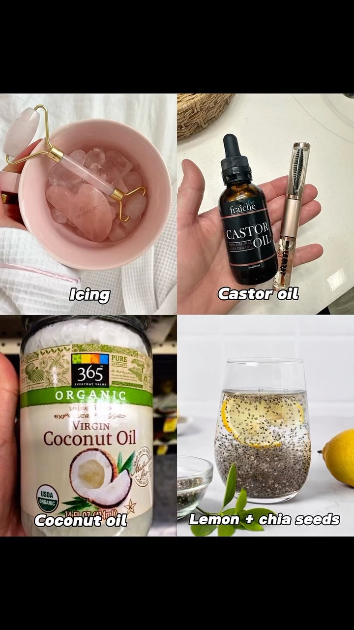 A four-image collage showing skincare ingredients. Top left shows a pink bowl with a jade face roller and ice, labeled “Icing.” Top right shows a person holding a bottle of castor oil and a lash brush, labeled “Castor oil.” Bottom left shows a jar of coconut oil, labeled “Coconut oil.” Bottom right shows a glass of water with chia seeds and lemon slices, labeled “Lemon + chia seeds.”