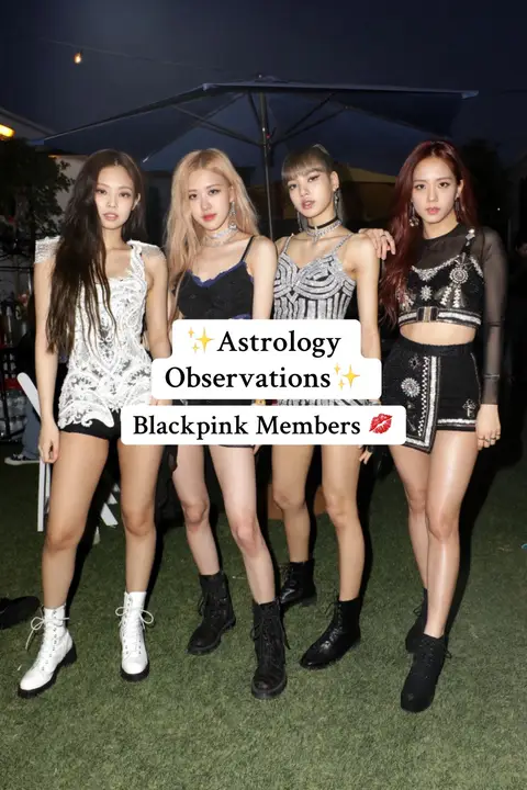 The cover image features a group of four women standing side-by-side outdoors with a dark sky as a background. Overlayed text gives the video's theme. The women are dressed in stylish outfits, and the overall feel is well-lit and polished. They are all in trendy outfits. The text overlay indicates an association with astrology and the music group Blackpink.