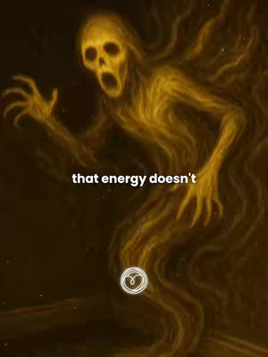 A dark, digitally rendered image featuring a translucent, humanoid figure in a ghostly form. The figure has a skull-like face and is surrounded by a swirling, glowing energy effect. White text reads, 'that energy doesn't' across the center. A circular logo is placed near the bottom.