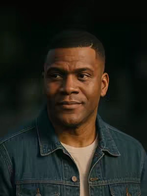 A medium shot of a Black man, positioned from the chest up. He is wearing a light-colored t-shirt under a denim jacket. The background is blurred out, with dark green tones suggesting an outdoor setting. The man has short, neatly styled dark hair with a fade. He is looking off to the side with a slight smile.