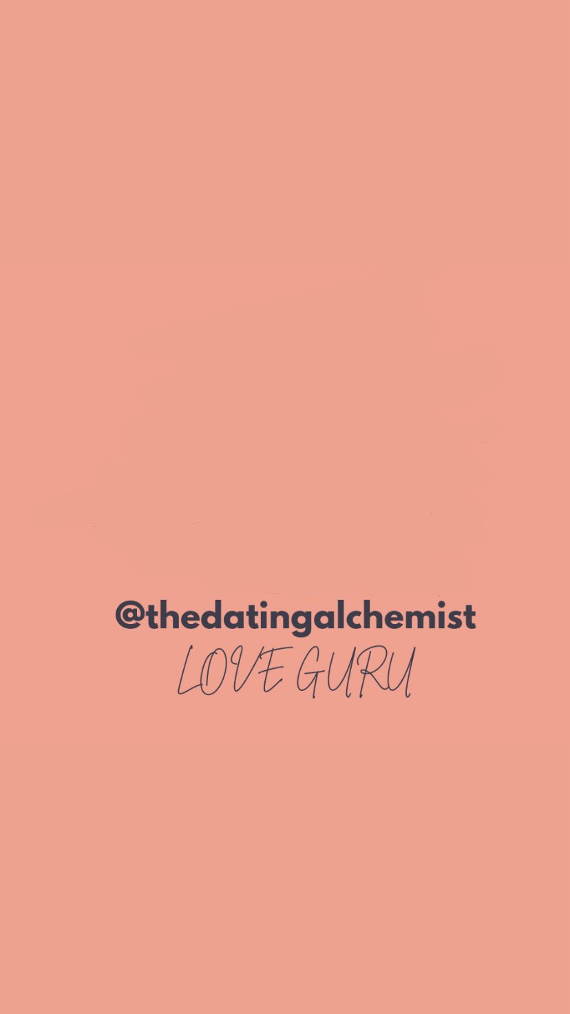 An image featuring a pale peach-colored background. In the lower center, the username "@thedatingalchemist" is displayed in a dark color, with "LOVE GURU" written beneath in a cursive font.