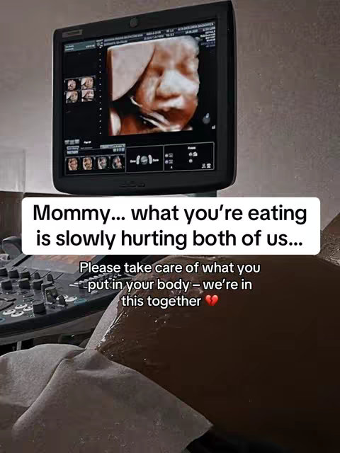 The image shows an ultrasound screen displaying a fetus, overlaid with text. Below the screen, part of the pregnant person's belly and an ultrasound machine are visible. The color scheme is muted, focusing on grayscale and shades of brown with a medical setting.
