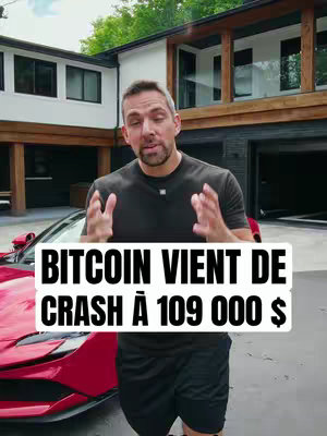 The cover image features a man gesturing excitedly towards the camera as he stands in front of a red sports car. Behind him is a large, modern house. The overlay text highlights the crash of Bitcoin.
