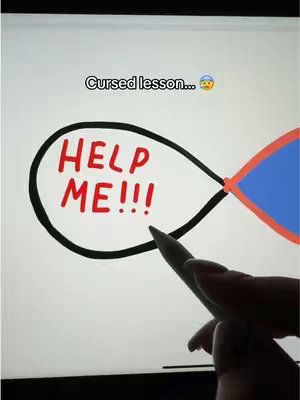 A close-up shot of a digital drawing on an iPad. The drawing, in a speech bubble shape, says "HELP ME!!!" in red on a white background. A hand holding a stylus is visible, pointing towards the drawing. Above the speech bubble "Cursed lesson..." is written.