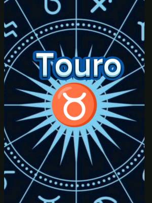 The image is a stylized graphic featuring a dark blue background with light blue lines creating a circular pattern, reminiscent of a star map or astrological chart. At the center, there's a vibrant orange circle containing a white symbol associated with the Taurus zodiac sign. Above this central image, the word 'Touro', meaning Taurus in Portuguese, is displayed in a bold, blue-outlined font. The overall composition is designed to be visually appealing, utilizing complementary colors and a clean layout to attract attention to the astrological theme.