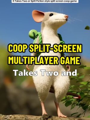 A digital image showcases a detailed, animated mouse character standing upright. The mouse, with its soft, white fur, has a realistic appearance, with pink ears, a backpack, and it is set against a backdrop of a blue sky and green foliage. Bold, yellow text overlays stating "COOP SPLIT-SCREEN MULTIPLAYER GAME" is also visible, referencing the game type. A smaller banner at the image's top mentions "It Takes Two or Split Fiction style split screen coop game". The overall composition suggests a promotional image for a multiplayer video game.
