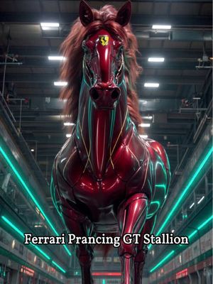 A stylized image of a metallic red horse, resembling a Ferrari, stands forward with a horse form. The horse head is upright and has a prancing horse logo and red metallic fur. The image is set in a high-tech environment with a blurred background of structural elements, and the image contains a text overlay.