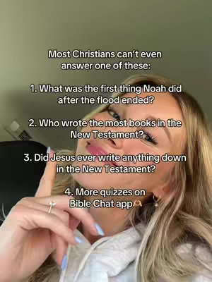 A selfie-style video cover image featuring a young woman indoors. The woman, with blonde hair and a casual outfit, is positioned slightly off-center. She is pointing towards a list of Bible trivia questions overlayed onto the image. The questions, typed in a sans-serif font, are set against a light gradient background. The woman has a ring and a watch. The overall lighting appears to be soft and natural, suggesting an indoor setting. The composition is simple, focusing on the woman and the text.