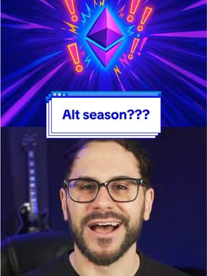 The cover image has two main layers. The top half features a graphic of the Ethereum logo, framed within a bright, energetic, blue and purple background with exclamation marks radiating outward. The lower half displays a man with a beard, glasses, and an open mouth looking at the camera and seemingly reacting to the graphic above. A pop-up text overlay is used as a hook.