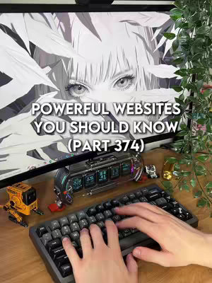The cover image is a shot from a first-person perspective over a keyboard, with the screen displaying a stylized anime face. The text overlayed at the top says "POWERFUL WEBSITES YOU SHOULD KNOW (PART 374)". The keyboard is in focus, with the hands typing. Beside the keyboard are small decor items.