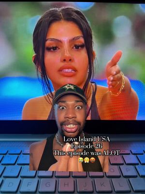 An overlay of three main elements: the creator in the bottom center making expression, the main subject (female) from the show providing reaction, and an inscription overlayed on the top of the image.