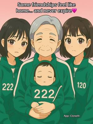 The cover image is an anime-style illustration featuring three young women and a baby, all dressed in green tracksuits. Above the figures, text says, 'Some friendships feel like home... and never expire.' The women stand close together, embracing the baby. The color scheme is green, white, and pink.