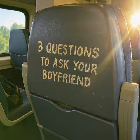 The cover image shows the back of a train seat. On the seat back, white text is printed: "3 QUESTIONS TO ASK YOUR BOYFRIEND". The seat is a dark gray with some wear. The background shows bright sunlight streaming through the window, suggesting a daytime shot.