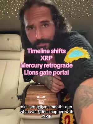 A man with long dark hair and a beard is filming himself in a luxury vehicle. Overlayed text in a pinkish-purple color lists topics like "Timeline shifts XRP" and "Mercury retrograde". The overall composition suggests a personal vlog or commentary.