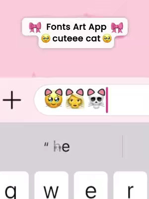 The image is a screenshot of a phone's text interface. The background is pink, there is text that says "Fonts Art App", three cat emojis with different expressions are displayed above the typing interface. The text input field shows the start of the word "he" and a keyboard underneath composed of the letters q, w, e, and r.