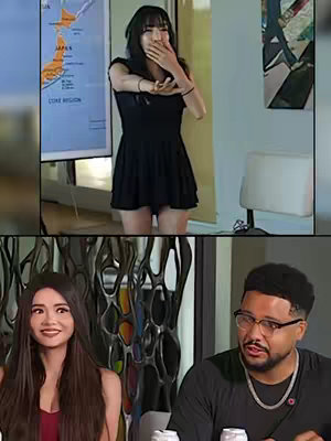 The image is divided into two sections. The top section shows a woman in a black dress covering her mouth, with a presentation screen behind her. The lower part showcases two persons sitting at a table. The overall layout is a split view with a focus on the reaction of two different persons.
