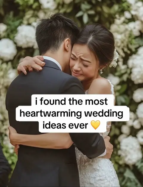 A couple embracing on their wedding day. The bride, facing the camera, is in tears while being held. Behind them is a backdrop of white flowers.
