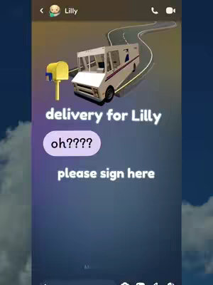 The image presents a mock text conversation interface with a stylized sky background fading from a dark to a lighter purple-blue gradient. The design incorporates 3D rendered elements: a white mail truck with red and blue accents, a bright yellow mailbox next to a winding road. The text overlays include 'delivery for Lilly,' a speech bubble saying 'oh????' and 'please sign here' in a bold and clean font. At the top, there's a profile pic.