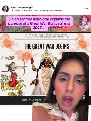 The cover image features the creator's face in the foreground, with an open mouth expressing shock or awe. Behind her is a graphic with a purple box mentioning 'Coloniser free astrology' and a prediction of a 'Great War'. The graphic also displays an illustration of a deity with multiple arms, and other figures with bows. The layout includes text elements and a date.