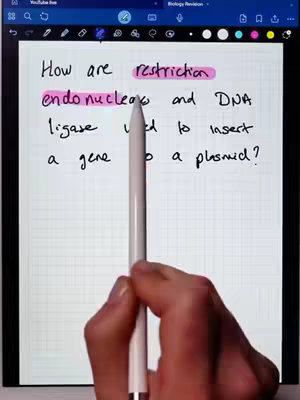 A hand holding a stylus pointing at a tablet screen with handwritten notes about biotechnology and genetics. The core question is highlighted within the text.