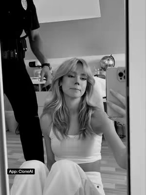 A black and white image reflected in a mirror. A person, apparently a young woman with long wavy hair, wearing a white top and pants, is sitting on the floor. The person is holding a phone to take a selfie, possibly with an application. The background is blurred, it appears a person in police uniform. There is some objects in the background such as a globe or other decoration.