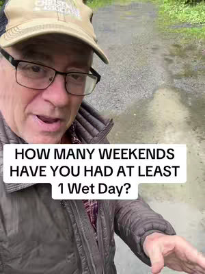 A man in a baseball cap and glasses stands in front of a flooded path, with text overlaying the image. He looks toward the camera as if talking.