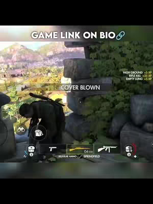 The cover image shows a first-person view of a game scene. The player is in a war zone, crouched behind large stone blocks near some foliage. The game interface is visible at the bottom of the screen with information like available weapons. Text overlays provide contextual information, and a mountain view is visible in the background.
