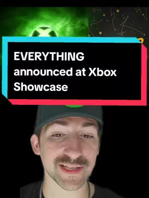A man in a green cap and black shirt is centered in the frame and is facing the camera. Above the man is a black and blue rectangle that contains the title 'EVERYTHING announced at Xbox Showcase'. Above this is a blurred green and black background with a glowing circle effect and star shaped imagery in the top.