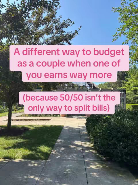 An outdoor shot featuring a pathway leading into the distance, with trees and blue sky in the background. Two pink text boxes are overlaid on the image, with overlapping text about budgeting for couples.