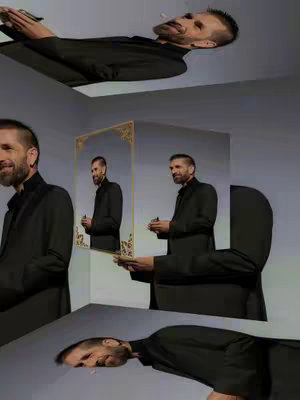 The cover image is a surreal composition featuring a man in a black outfit who appears multiple times within a three-dimensional space. The man is holding a mirror that reflects another image of himself. The setting is simple, with gray walls and floor, creating an illusionistic environment. The lighting is somewhat diffused, and the overall mood is contemplative and somewhat perplexing due to the use of reflections and the fragmented appearance of the figure.