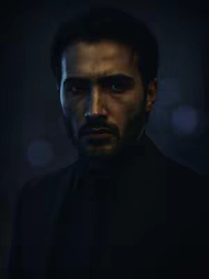 A digitally rendered image of a man gazing intensely at the viewer. His face is the central focus, with defined features, including dark hair, a well-groomed beard and mustache, and strong eyebrows. The lighting emphasizes the contours of his face, creating shadows that add depth and create a mood. He is set against a dark, blurry background that appears to be from a street setting at night.