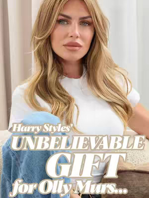 A woman with long blonde hair and a white t-shirt is the central figure. Overlayed on the image are the words "Harry Styles' UNBELIEVABLE GIFT for Olly Murs..." in a stylized font.