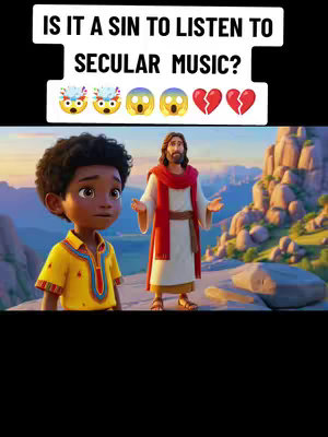A digitally rendered image where a young Black boy in a yellow shirt and Jesus are standing in a scenic outdoor environment that resembles a mountain setting. The boy has a concerned expression, and Jesus has open arms and appears to be answering a question, both are centered in the image.