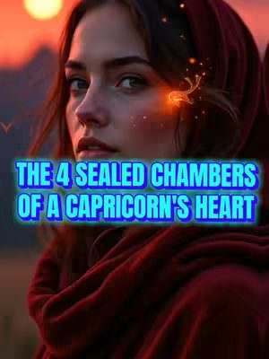 A woman with long brown hair and a maroon shawl poses in front of a blurred outdoor scene with a sunset. The hook text, "THE 4 SEALED CHAMBERS OF A CAPRICORN'S HEART," is overlaid in a glowing blue font.