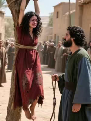 A dramatic scene depicts a woman tied to a tree, appearing distressed, with a man looking at her concern. Background: A crowd of people in ancient-style clothing, town-like structures.