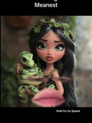 A stylized, animated doll figure with dark hair, green eyes, and a leafy crown is the central element. The doll cradles a green snake. Below, a blurred pink lip graphic adds emphasis. The hook text appears at the top.