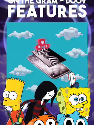 The cover image is a colorful cartoon collage. In the foreground are various cartoon characters, including Bart Simpson, Marceline from Adventure Time, SpongeBob SquarePants, and others, all drawn in a cartoon style. Behind them is a light blue background with white cartoon clouds floating around. In the center of the image is a stylized cellphone with a screen that has a picture of a zebra-like design. Overlaid on the screen are three red heart icons with white outlines. At the top, the text 'ON THE GRAM - DOOV FEATURES' is displayed in a bold, white font.