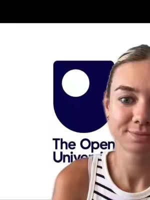 A young woman with blonde hair is positioned on the right side of the frame. To her left is a large white background with a blue logo, which says 'The Open University' in white text. The woman is smiling and looking at the camera, wearing a striped top.